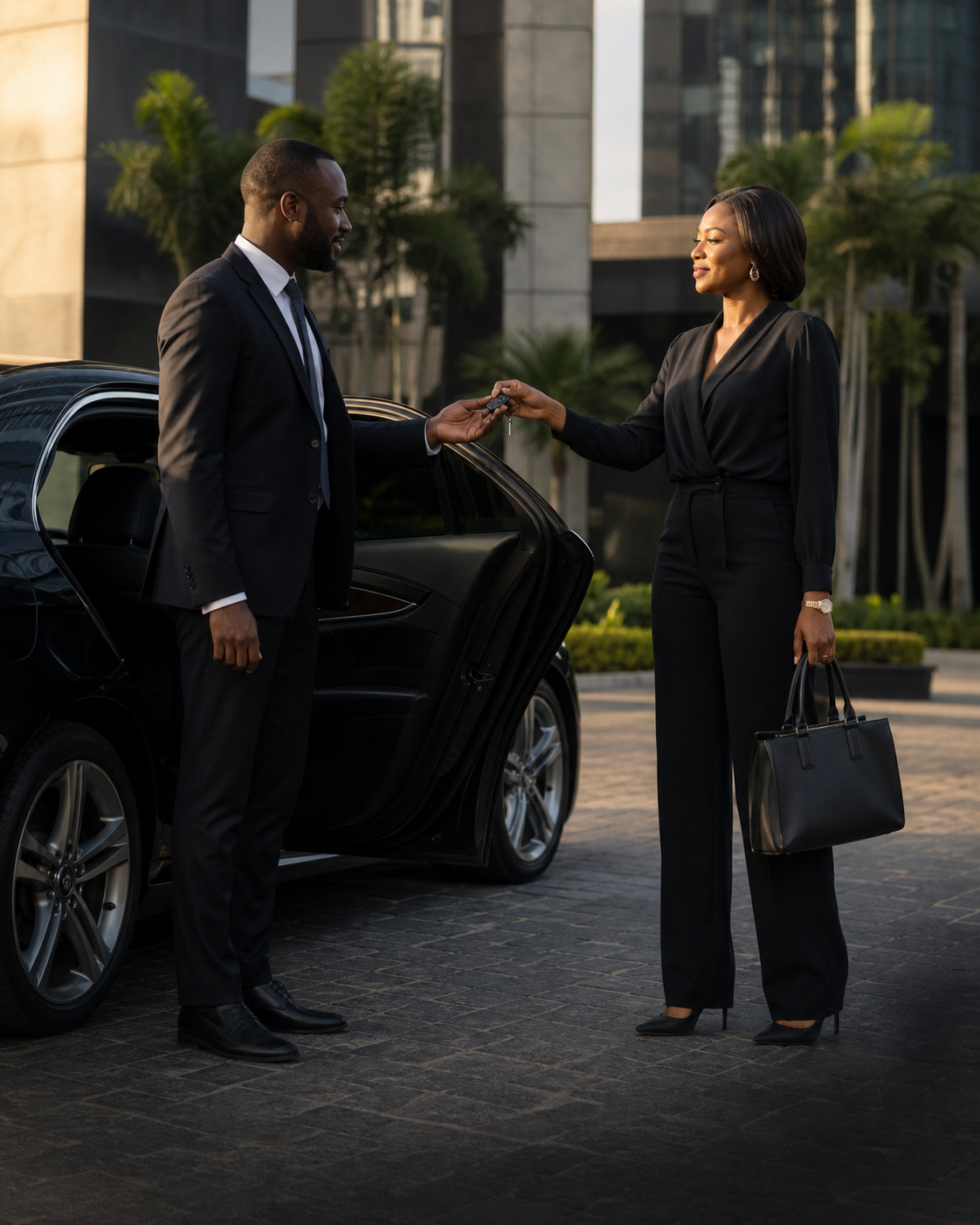 A customer handing her keys to a professional driver